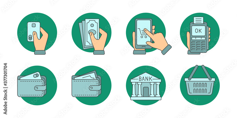Online payment, shopping, money, banking - icons with hand holding credit card, cash, phone, banking terminal and pictures of purse bank building and shopping cart - vector set