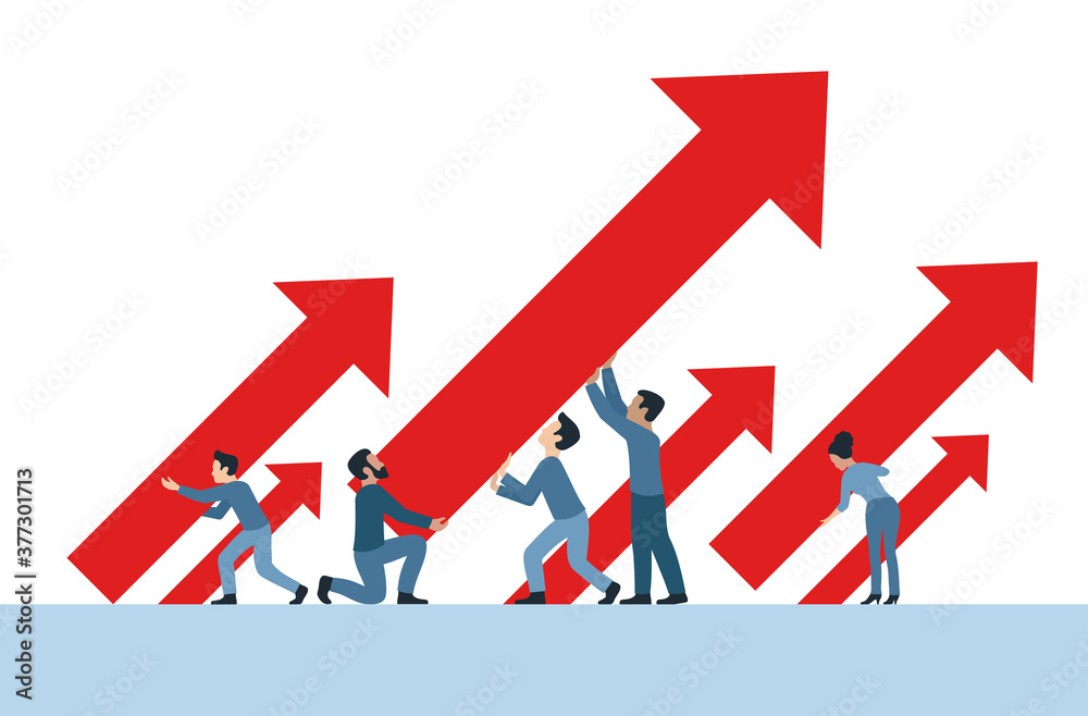 Business growth - people group holding arrows up (45 degrees direction) - vector concept for illustration of profit, success Business growth - people group holding arrows up (45 degrees direction) - vector concept for illustration of profit, success