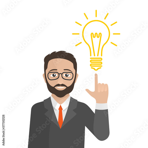 Idea or inspiration - businessman in jacket with fith beard and glasses shows the lamp - symbol of solution - vector cartoon flat illustration