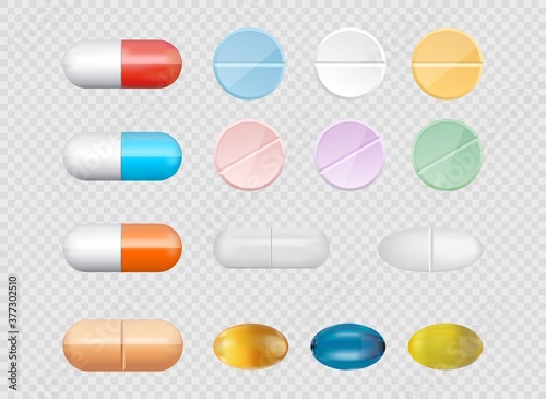 Vector illustration of different medicinal drugs, tablets and pills on background