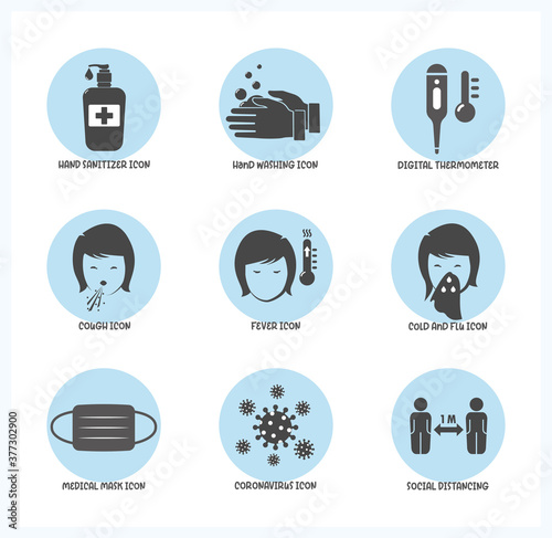 Set of Corona virus symptoms and prevention icon