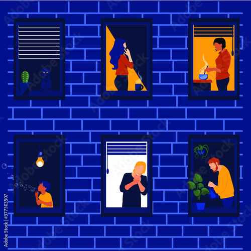 vector illustration of different people living in one apartment, people in the windows, neighborhood