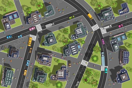 City top view. Streets, houses, buildings, roads, crossroads, trees, cars. (view from above) 