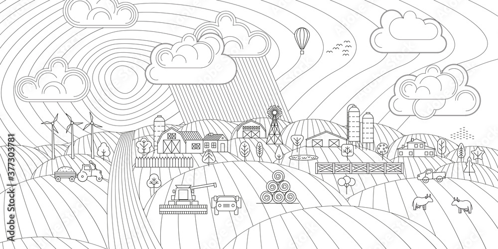 Linear vector illustration. Green farm. Fields, vegetable gardens, hangars, buildings, barns, agricultural machinery. Eco farm. 