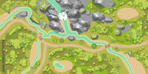 Vector illustration. The terrain. Top view. Mountains, river, sea, forest. View from above.