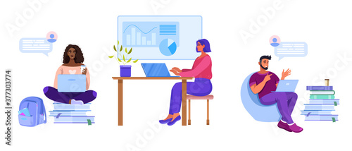 Online university or college education set with diverse students working, studying in internet. Virtual training or courses collection with young men and women, laptops, books. Online education banner