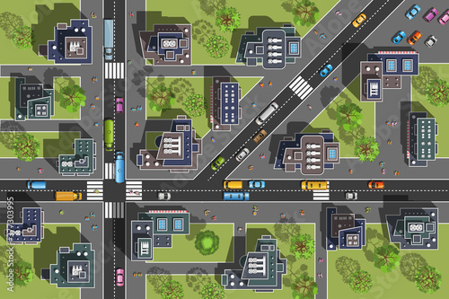 City top view. Streets, houses, buildings, roads, crossroads, trees, cars. (view from above) 