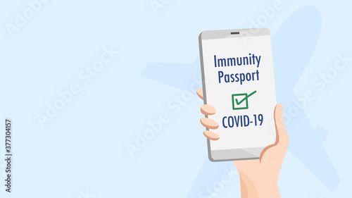 Immunity passport or health passport for the immunization to COVID-19 for international traveling after application with QR code scan, vector illustration, flat design with airplane on background