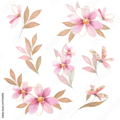 Fototapeta Naklejka Na Ścianę i Meble -  Pink watercolor flowers with glitter. Bouquet of flowers, Leaves and branches. Composition for wedding or greeting card