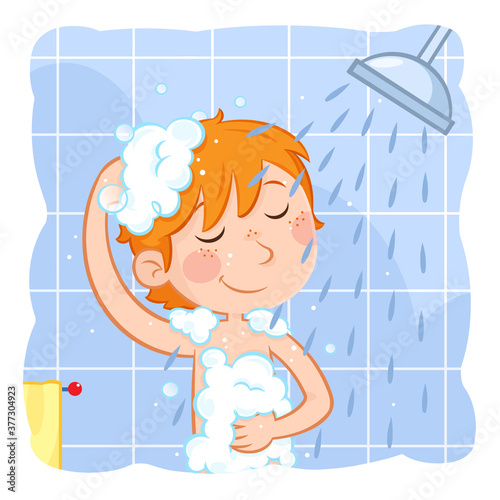 Daily routine - Illustration - Cute little boy with ginger hair - Taking a shower - Washing hair
