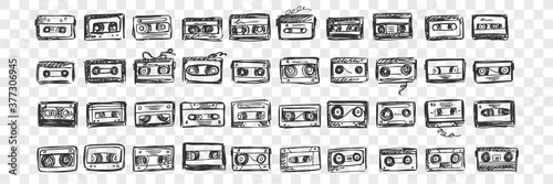 Hand drawn audio tapes doodle set. Collection of pen ink pencil drawing sketches template patterns of music video cassette on transparent background. Illustration of playing record devices.