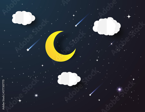 moon and stars in midnight .paper art style.