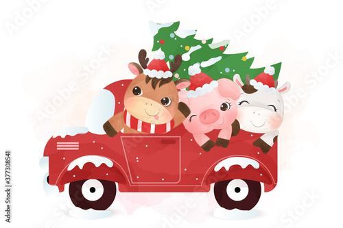 Cute farm animals riding truck in winter. Christmas holiday illustration.