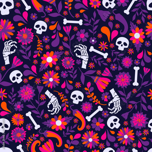 Seamless vector pattern with mexican elements. Perfect artistic background for your design. Dias de los muertos. Translate-Feast of death.
