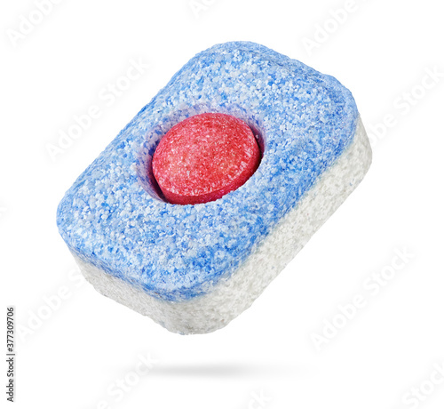 Dry dishwasher detergent tablet isolated on white background photo
