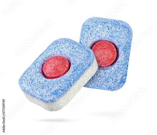 Dry dishwasher detergent tablet isolated on white background photo