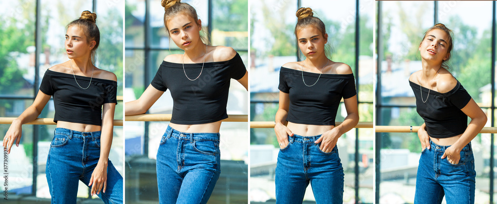 Fototapeta premium Collage four sexy women in blue jeans