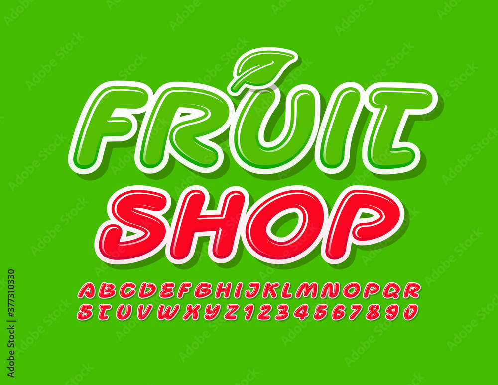 Vector sign Fruit Shop with green Leaf. Creative Red Font. Modern Alphabet Letters and Numbers Vector sign Fruit Shop with green Leaf. Creative Red Font. Modern Alphabet Letters and Numbers