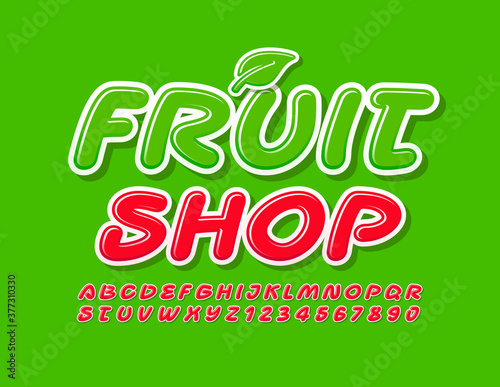 Vector sign Fruit Shop with green Leaf. Creative Red Font. Modern Alphabet Letters and Numbers
