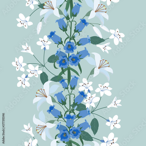 Seamless vector illustration with lilies and campanulas.