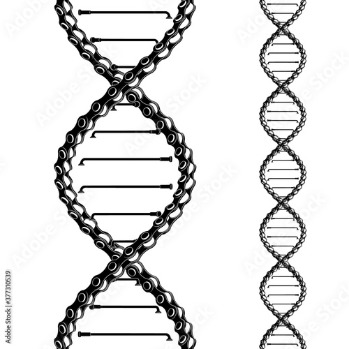 Bicycle chain with spokes twisted like a DNA spiral. Replicable tattoo vector design.