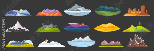 Mountains doodle set. Collection of cartoon style drawing skteches templates of rocky objects hill tops and outdoor landscape with winter peaks and sand dunes. Natural terrain and tourism illustration