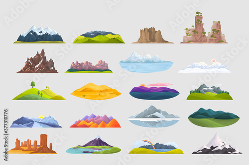 Mountains doodle set. Collection of colorful cartoon style drawings of different stone rocks peakes hilltops. Natural terrain travelling tourism destinations for hiking or mountaineering illustration.