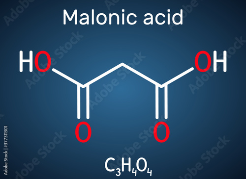 Malonic acid, dicarboxylic, propanedioic acid molecule. The ionized form its ester and salt, are known as malonate. Structural chemical formula on the dark blue background