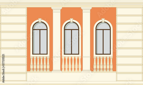 Facade of the building, one floor with windows and decorative elements of a column, balustrade. House architecture in classic style.