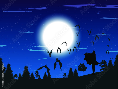 vampire releasing bats into the night, vector halloween illustration