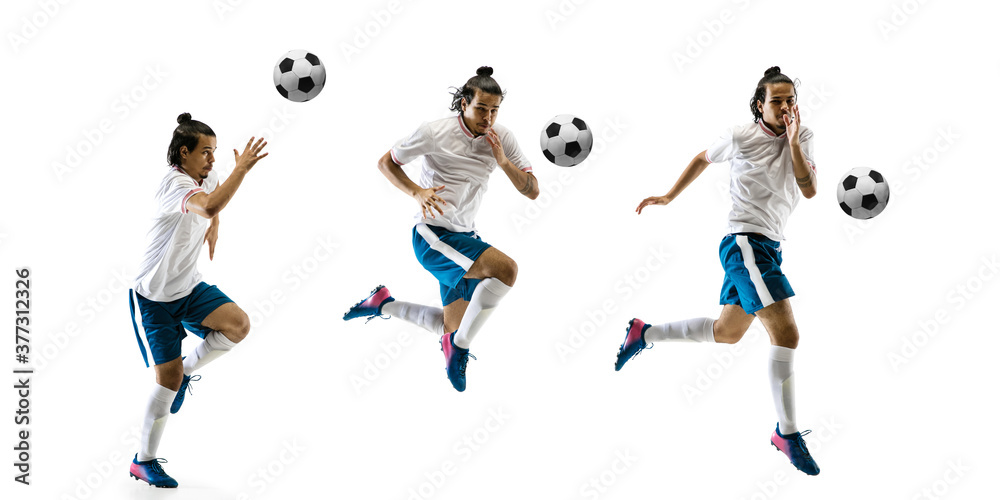 Energy. Football player in motion and action isolated on white background, kicking ball in dynamic. Concept of activity, movement, healthy lifestyle, expression of sport. Young male sportsman. Energy. Football player in motion and action isolated on white background, kicking ball in dynamic. Concept of activity, movement, healthy lifestyle, expression of sport. Young male sportsman.