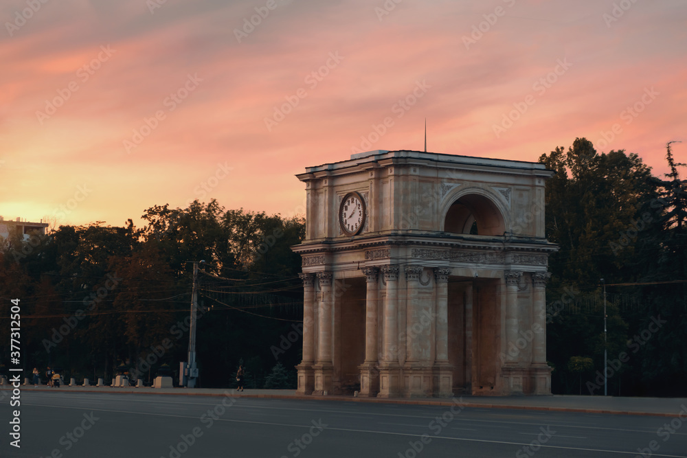 Chisinau Triumphal Arch at sunset. Moldova.