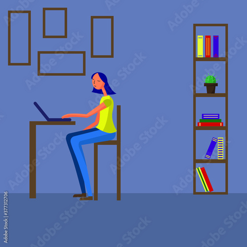 An illustration of a girl sitting in her room with a laptop. Online study concept. Freelance job.