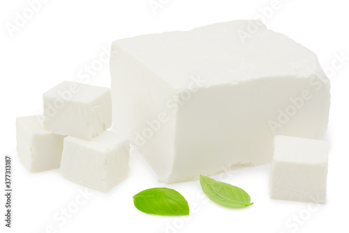 feta cheese with basil isolated on white background. Clipping path and full depth of field