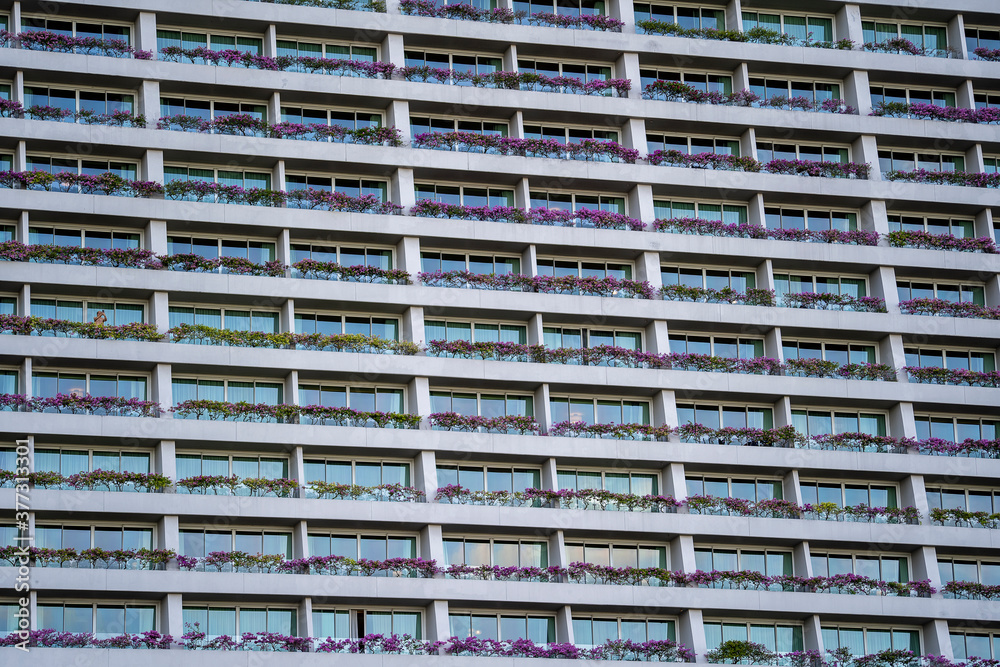 Ecological building facade with green plants and pink flowers on stone wall in balcony Ecological building facade with green plants and pink flowers on stone wall in balcony