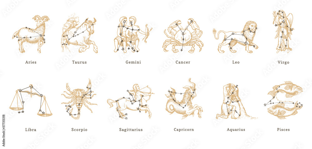 Vector retro graphic illustrations of Zodiac signs