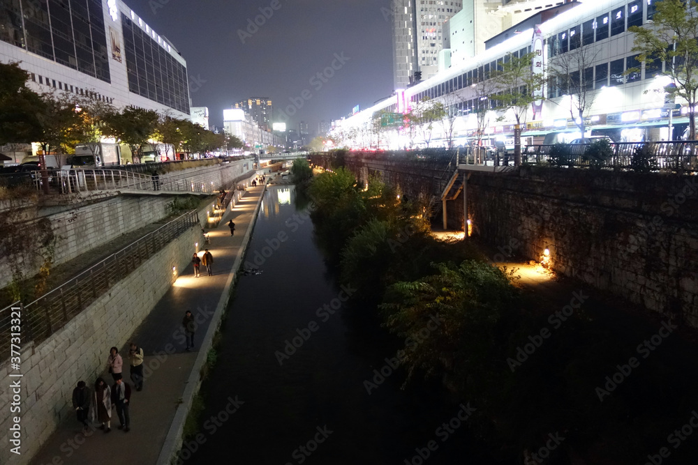 Cheonggyecheon stream and Seoul cityscape in Seoul South Korea