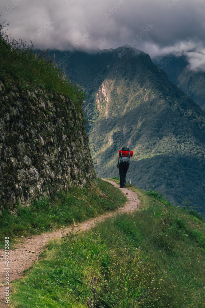 Back view of female traveller hiking on the Inca Trail, Peru Back view of female traveller hiking on the Inca Trail, Peru