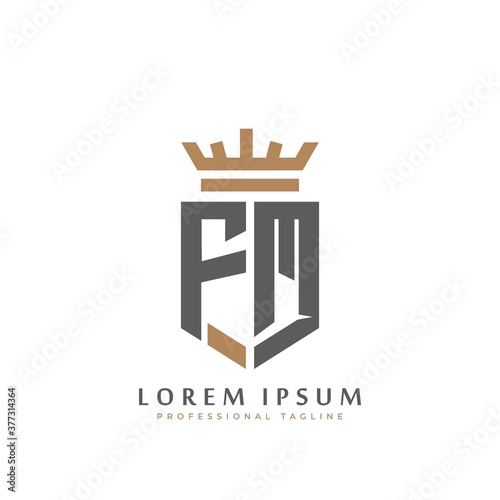 Premium FM Monogram of Two letters F&M. Flegant gold shield initials and crown geometric old retro graphic logo design. alphabet vector elements stock illustration