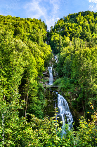 View of Giessbach Waterfall at Brienzersee Lake in Switzerland