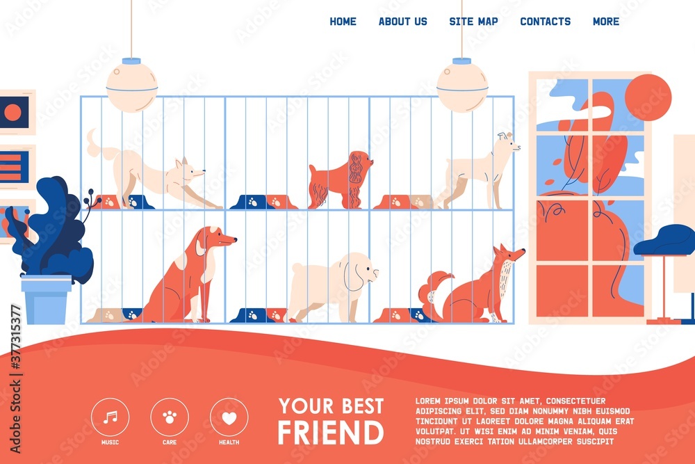 Vector landing page design template with interior of dog shelter ...