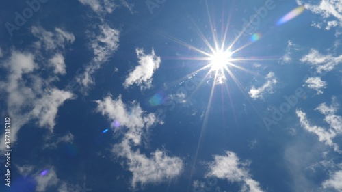 Few white scattered Cirrus clouds on deep blue sky against bright sun light star shape rays  beautiful nature scenery fast motion timelapse background