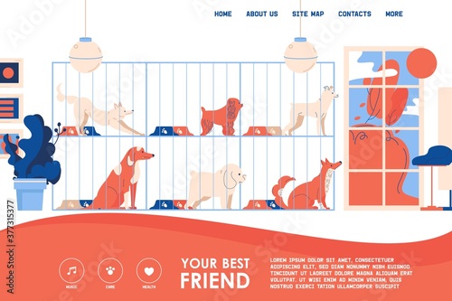 Vector landing page design template with interior of dog shelter. Puppies in a cage yearn for freedom. Concept illustration in red, blue color good for pet adoption