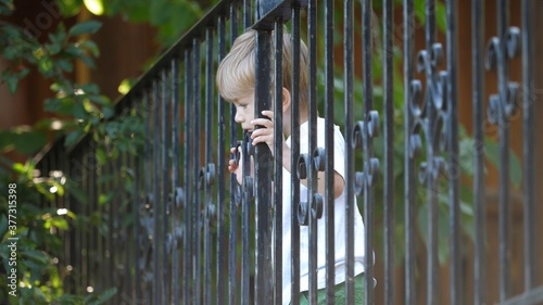 Curious lovely little child looking through fence
