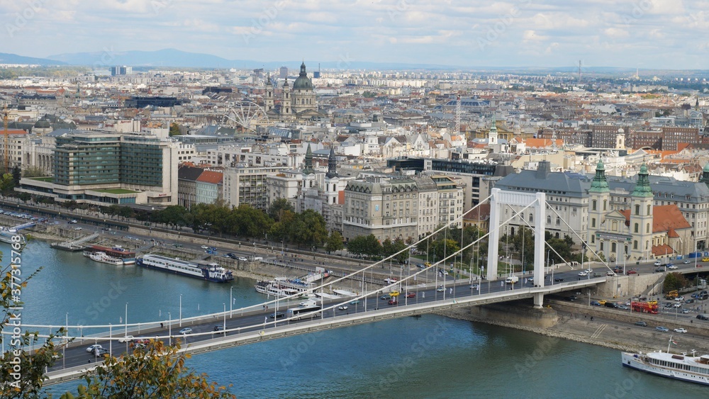 The Elisabeth Bridge over River Danube connects the two city sides Buda and Pest, Budapest, Hungary