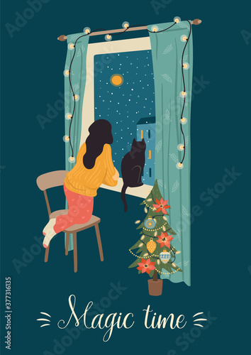 Christmas and Happy New Year. Trendy retro style. Woman looking out the window.
