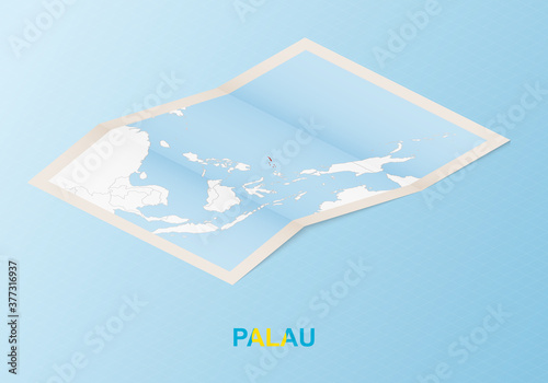 Folded paper map of Palau with neighboring countries in isometric style.