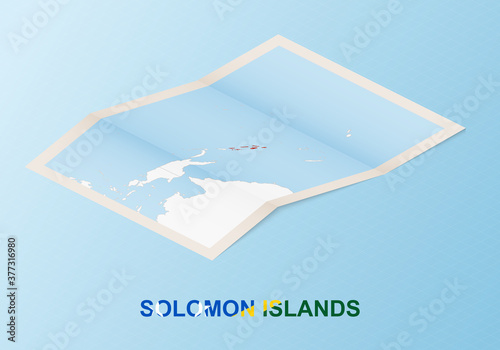 Folded paper map of Solomon Islands with neighboring countries in isometric style.