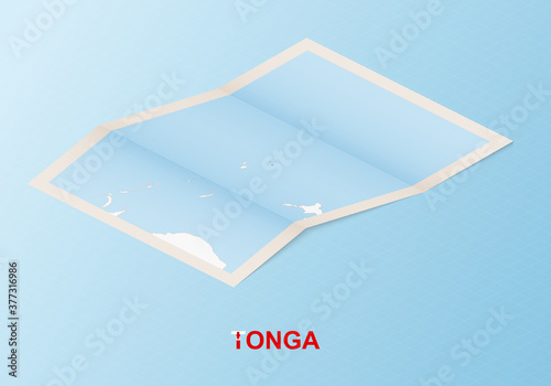 Folded paper map of Tonga with neighboring countries in isometric style.