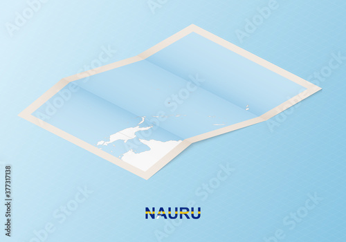Folded paper map of Nauru with neighboring countries in isometric style.